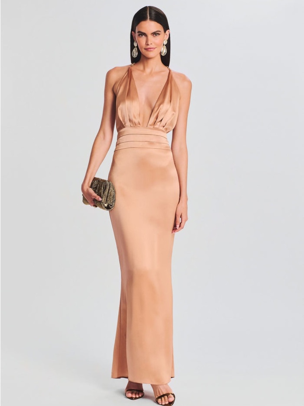 Retrofete Tasha Dress XS almond champagne plunge formal maxi new wedding guest